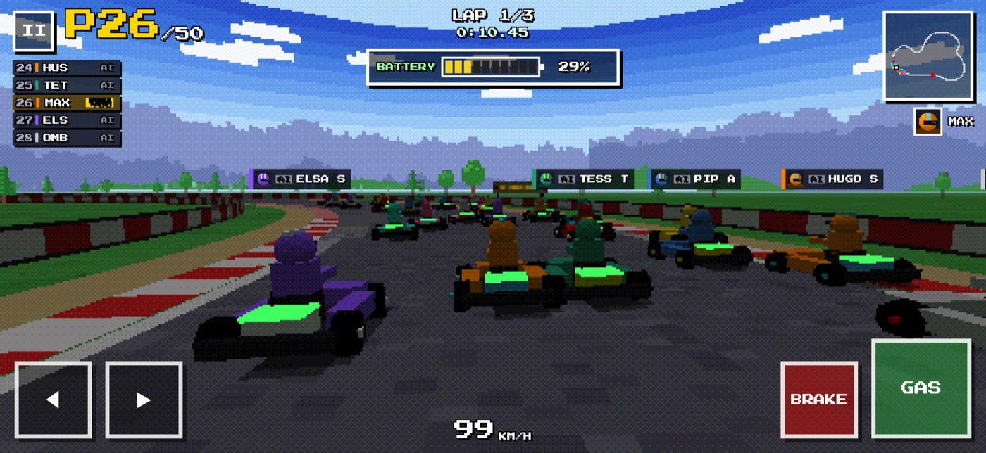 Gameplay screenshot of Lift & Coast Karting showing 16-bit 3D electric karts racing closely in a 50-kart pack.