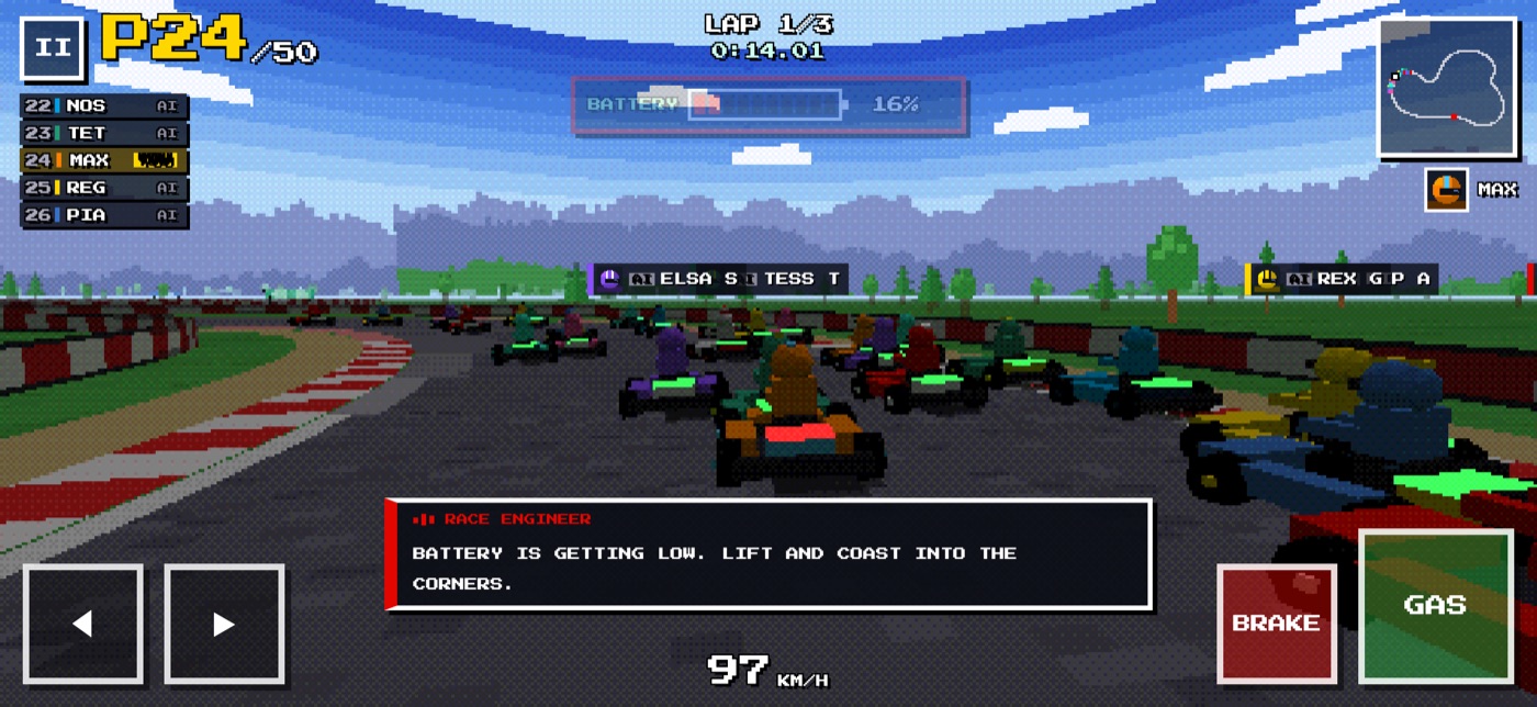 Screenshot of a low battery warning in Lift & Coast Karting with a subtitle bubble from the British race engineer.
