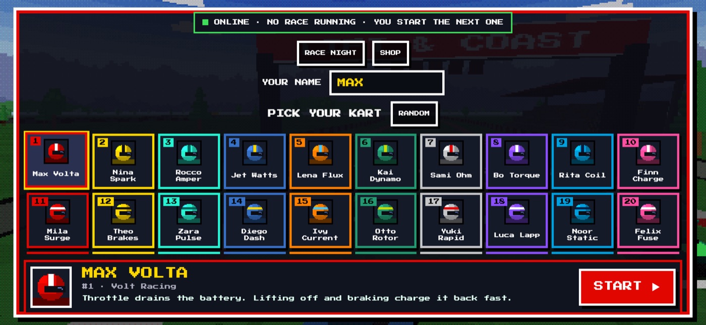 Driver selection screen showing pixel-art helmets, kart numbers, and team colours for all 50 karts.