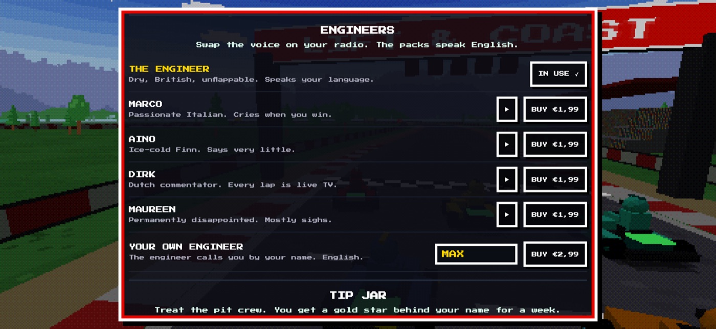 In-game shop showing optional race engineer voice packs including Marco, Aino, Dirk, and Maureen.