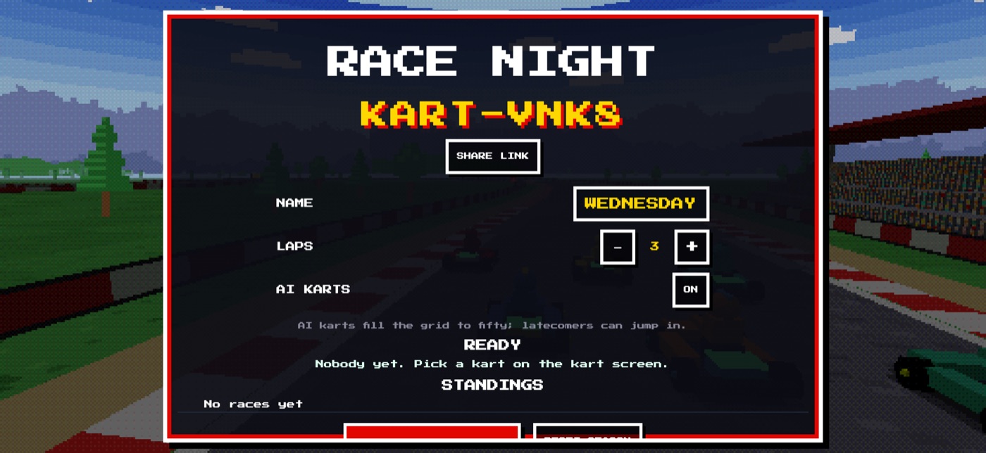 Private Race Night lobby screen showing room code, lap settings, player list, and season championship standings.